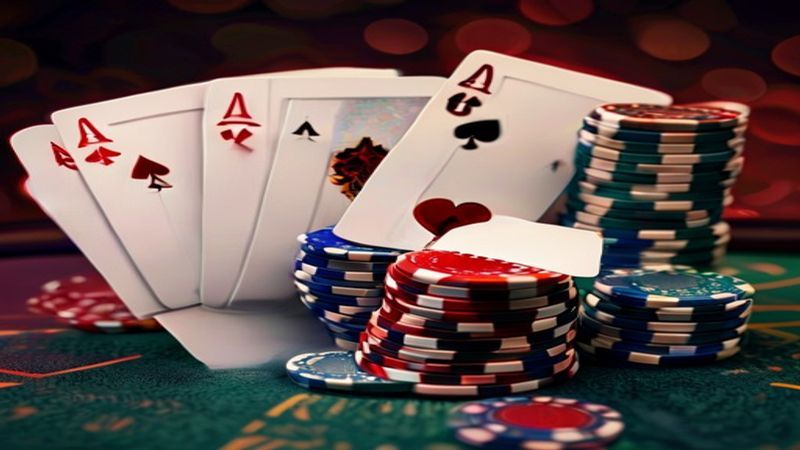 Bàn poker với bài chung và các chồng chip