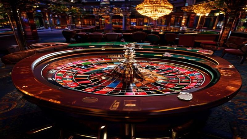 Bàn roulette với bánh xe và bảng đặt cược
